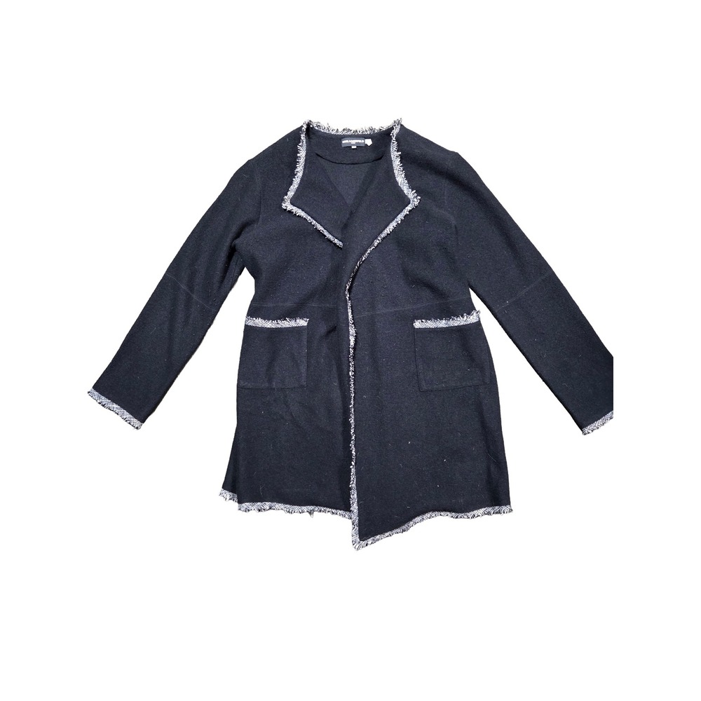 Karl Lagerfeld Paris Women Black Fringe Trim Open Front Cardigan Jacket XL